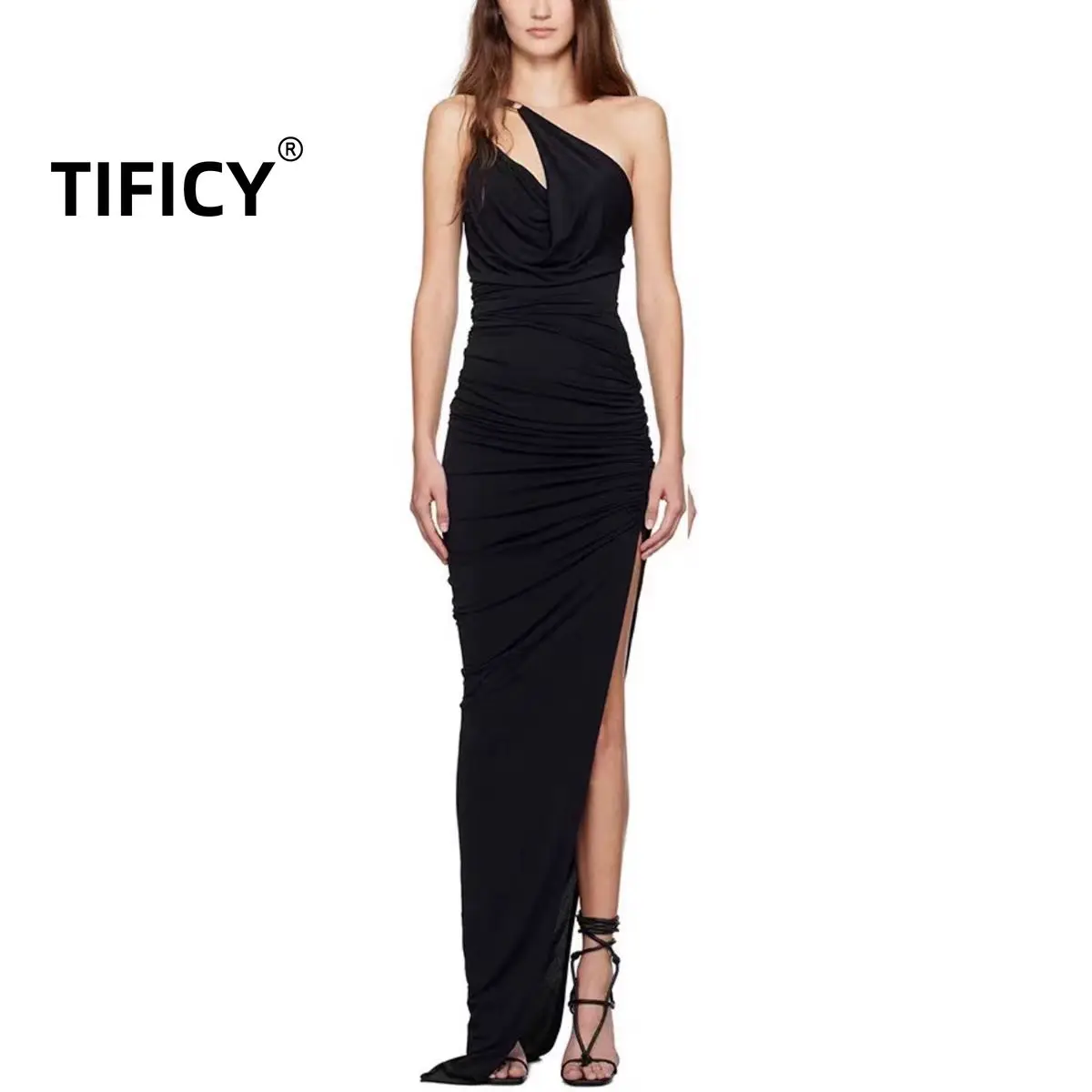 Dark Ro High Street Slim Dresses Women's Sexy Solid Shoulder Metal Buckle Shoulder Bag Hip Slit Floor Length Long Dress