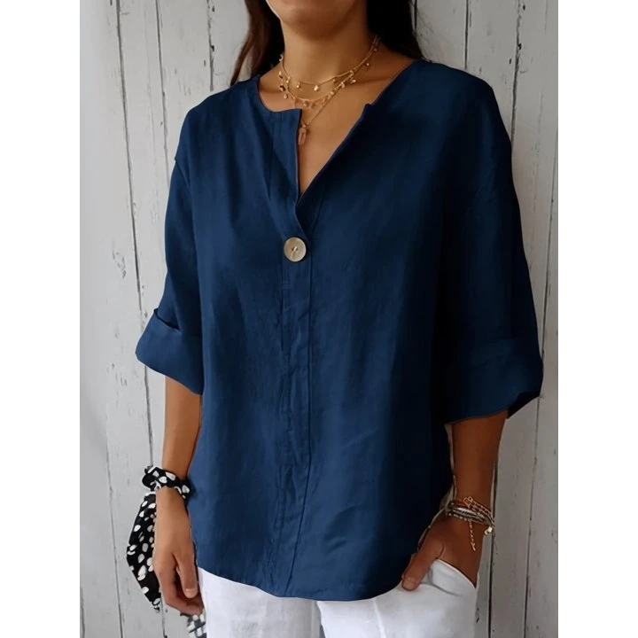 Loose Cotton Linen Button up V Neck T Shirt Women Comfortable Summer Casual Top Korean Style Seven Sleeve Intellectual Fashion
