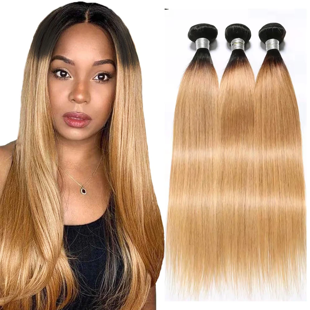 

16A Hair T1B/27 Honey Blonde Human Hair Bundles Double Weft Omber Blonde Human Hair Weave Virgin Remy Hair Extension 1/3Pcs