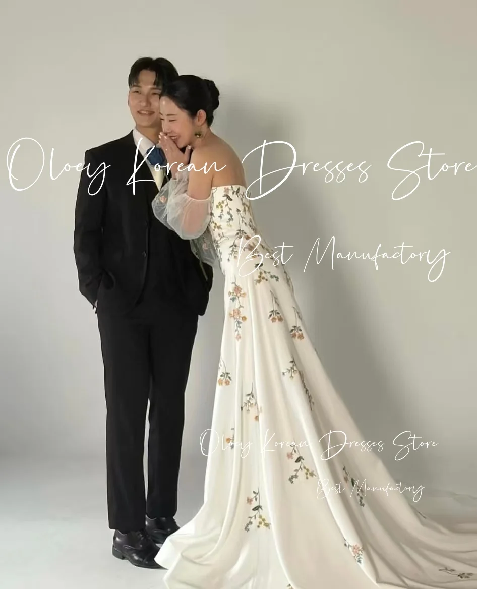 OLOEY أنيقة التطريز الزهور فستان حفلات الزفاف Straples سويب تراين الساتان كوريا صورة تبادل لاطلاق النار فستان زفاف مخصص ستناء