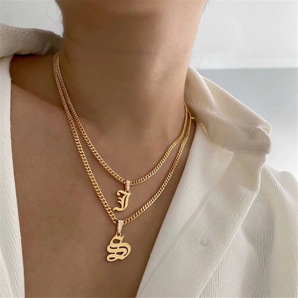 Gothic Initial Chain Choker Necklace Letter Old English Z A B C D Summer Famme Jewelry Stainless Steel Pendant Necklaces Gift