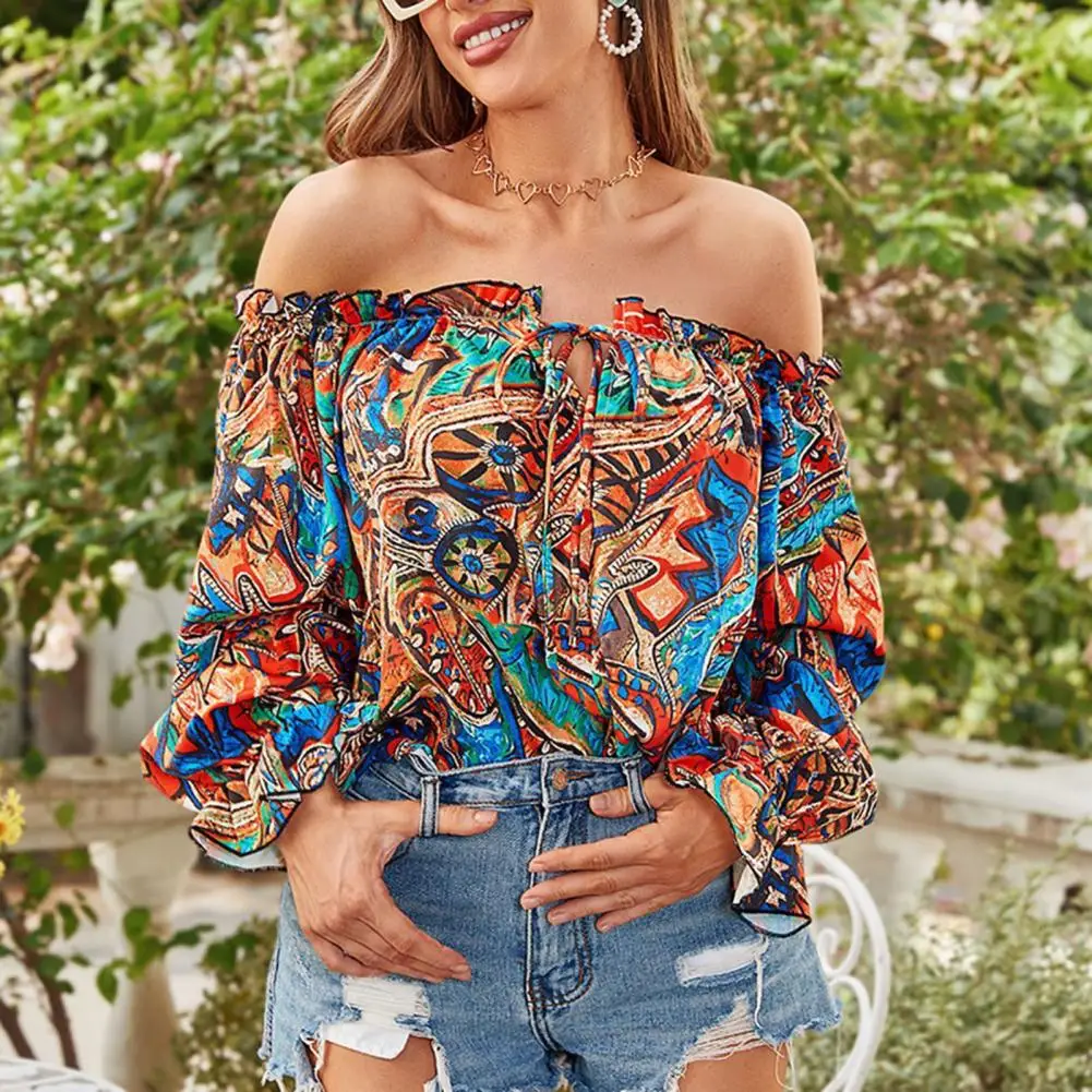 Women Top Off Shoulder Shirring Backless Long Sleeve Colorful Print Lace Up Loose Lantern Sleeve Prom Vacation Blouse Lady Top