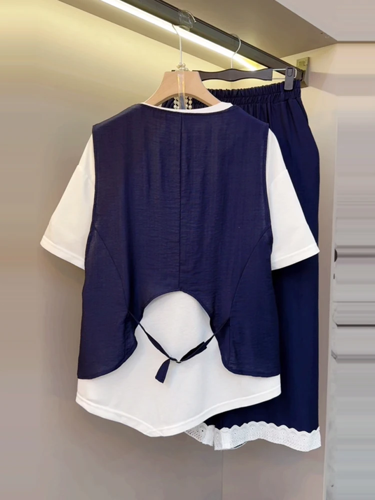 플러스 사이즈 여름 캐주얼 레이스 트림 탱크탑 베이스 이트 티셔츠 세트 하이웨이스트 롱 팬츠 라운드 네이버 버튼다운 베스트