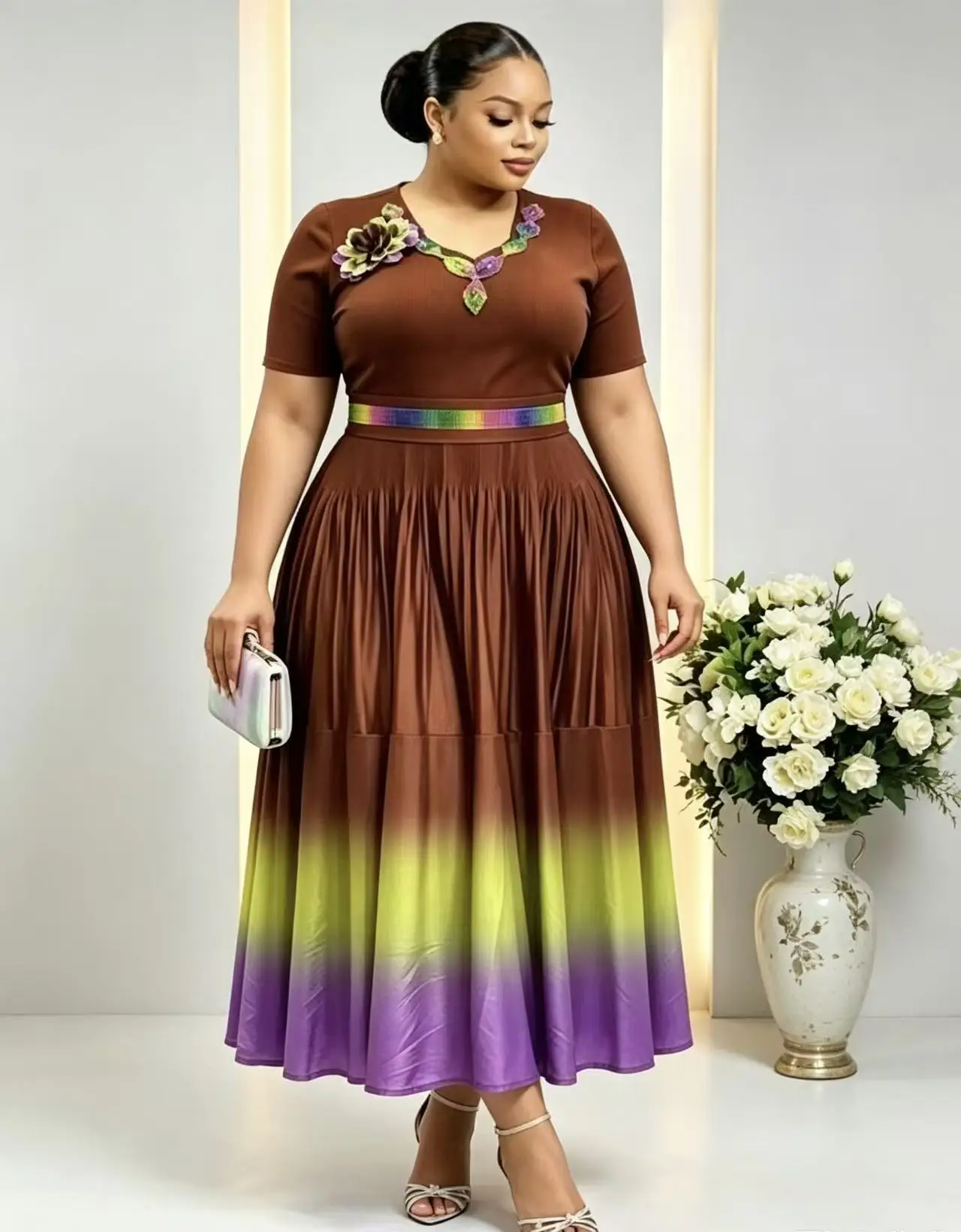 2026 Miyake Summer New Short-sleeved Pleated Gradual Change Color Dress Three-dimensional Flower Loose Women Clothing Long Dress