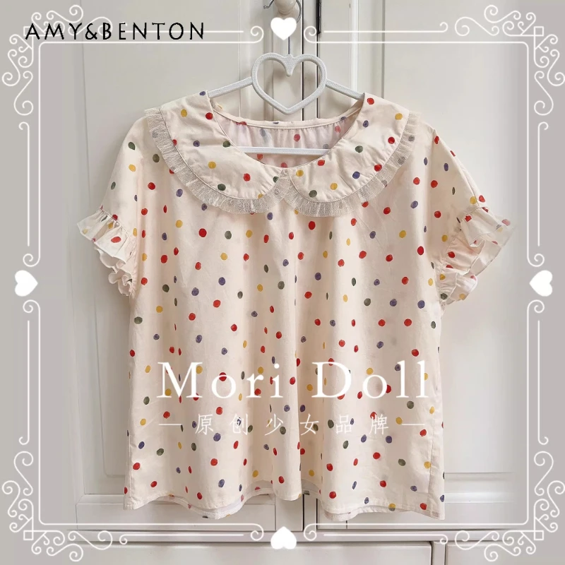 

Original Design Colorful Polka Dot Lace Splicing Women's Shirt 2026 Summer New Sweet Loose Versatile Age-reducing Shirts Ladies