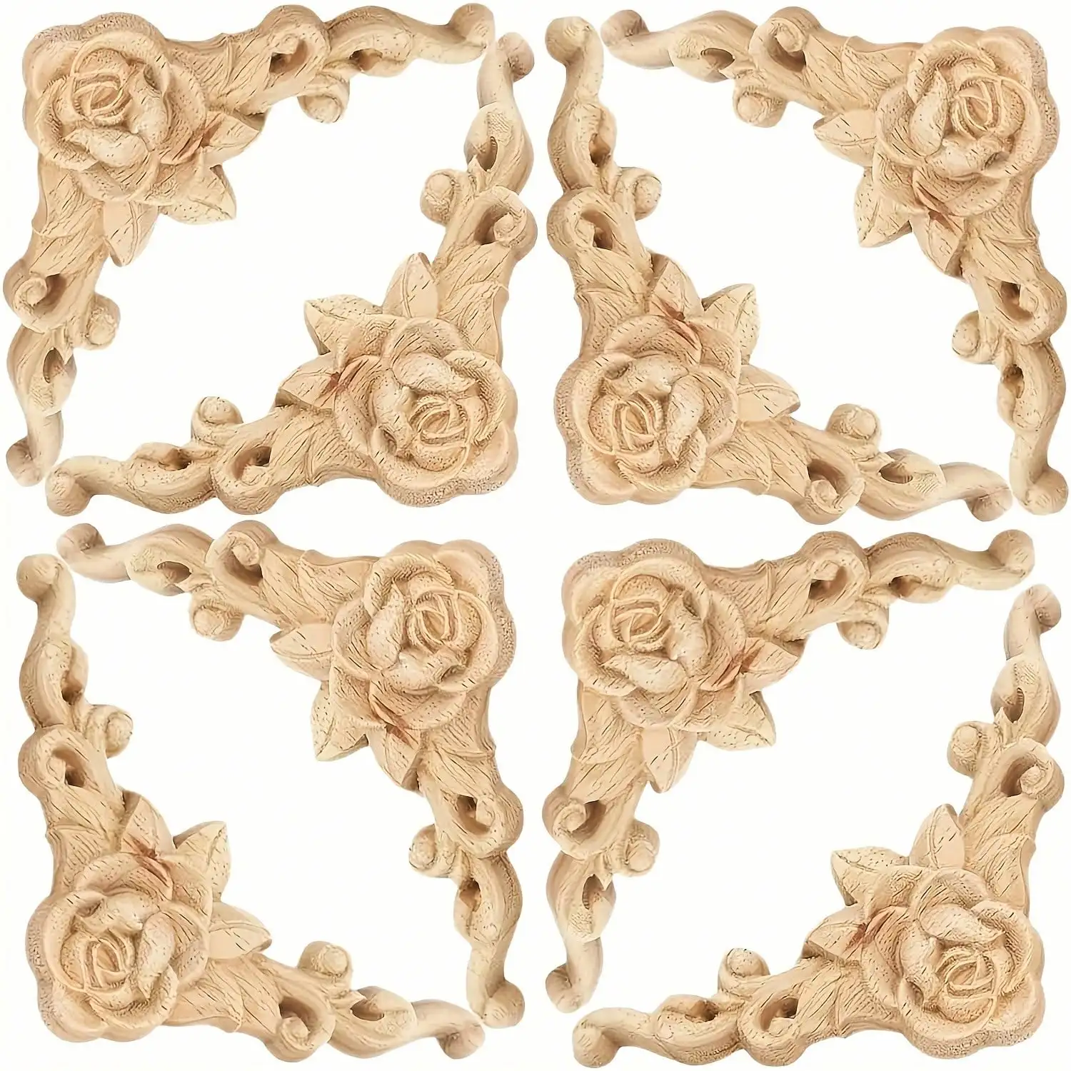 8pcs Wood Carved Appliques Onlays, Rose Corner Decals Unpainted Wooden Rosette Carvings For Door Cabinet