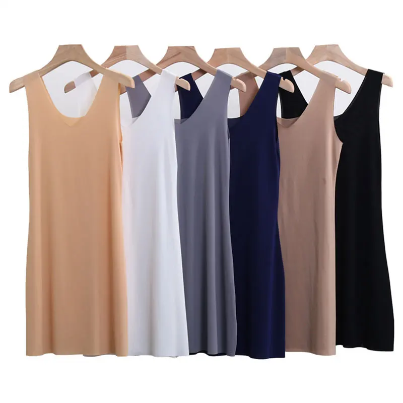 Women Summer Thin T-shirt Seamless Ice Silk Camisole Undershirt Sleeveless Vest Underwear Solid Long Tank Top Large Size Shirts