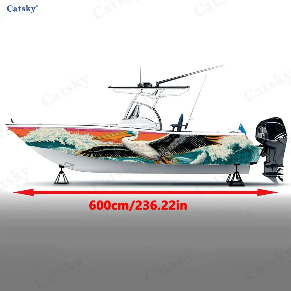 Vintage Print Pelican & Ocean Wave Boat Stickers, PVC Waterproof Vinyl Wrap Decals for Fishing Boats, Durable and Stylish Design