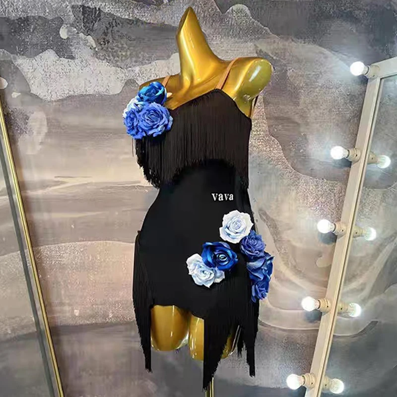 Latin Dans Kostuum Vrouwen Meisjes Bloem Fringe Zwarte Jurk Concurrentie Jurk Backless Cha Cha Samba Rumba Dans Kleding BL16831