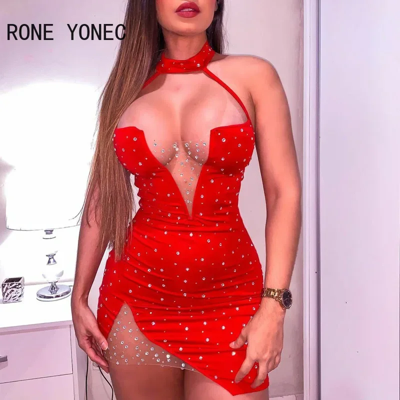 Women Sexy Patchwork Halter Rhinestone Backless Deep V neck Mesh Bodycon Mini Sexy Red Dresses