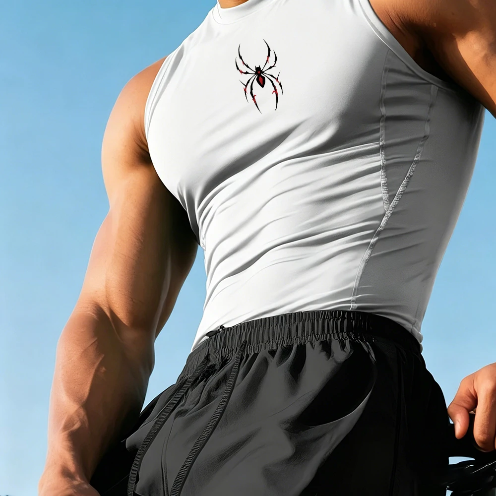 Men's High Elasticity Sweat Absorbent Quick Drying Sleeveless Vest With Unique Spider Print Summer Fitness Running Tight Top