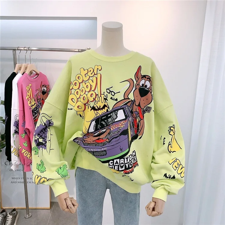 Brief Afdrukken Sweatshirt Vrouwen High Street Cartoon Puppy Auto Kleren Casual Crew Neck Trui Bulk Artikelen Groothandel Veel