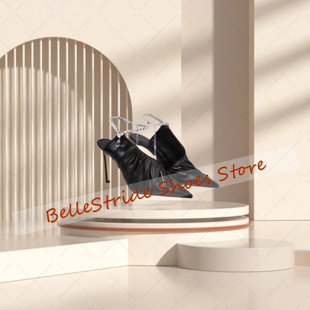

Black Crystal Ankle Strap Pleated Pumps Pointed Toe Women Shoes Thin High Heels Party Banquet Dating 2025 Zapatos Para Mujere