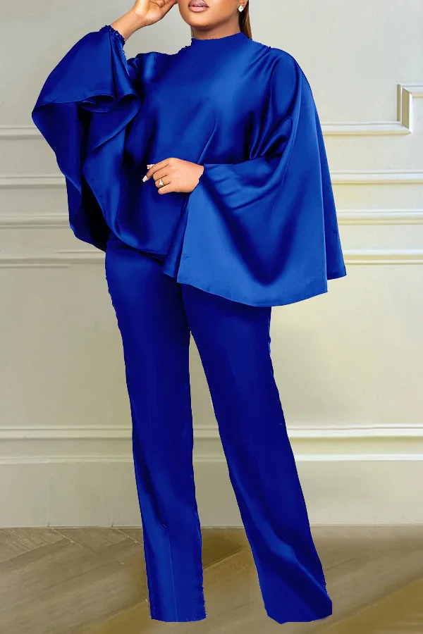 

Satin Cloak And Pants Two Piece Sets Women Fashion Pure Color Batwing Sleeve Tops Outfits Spring Summer High Waist Pants Suit
