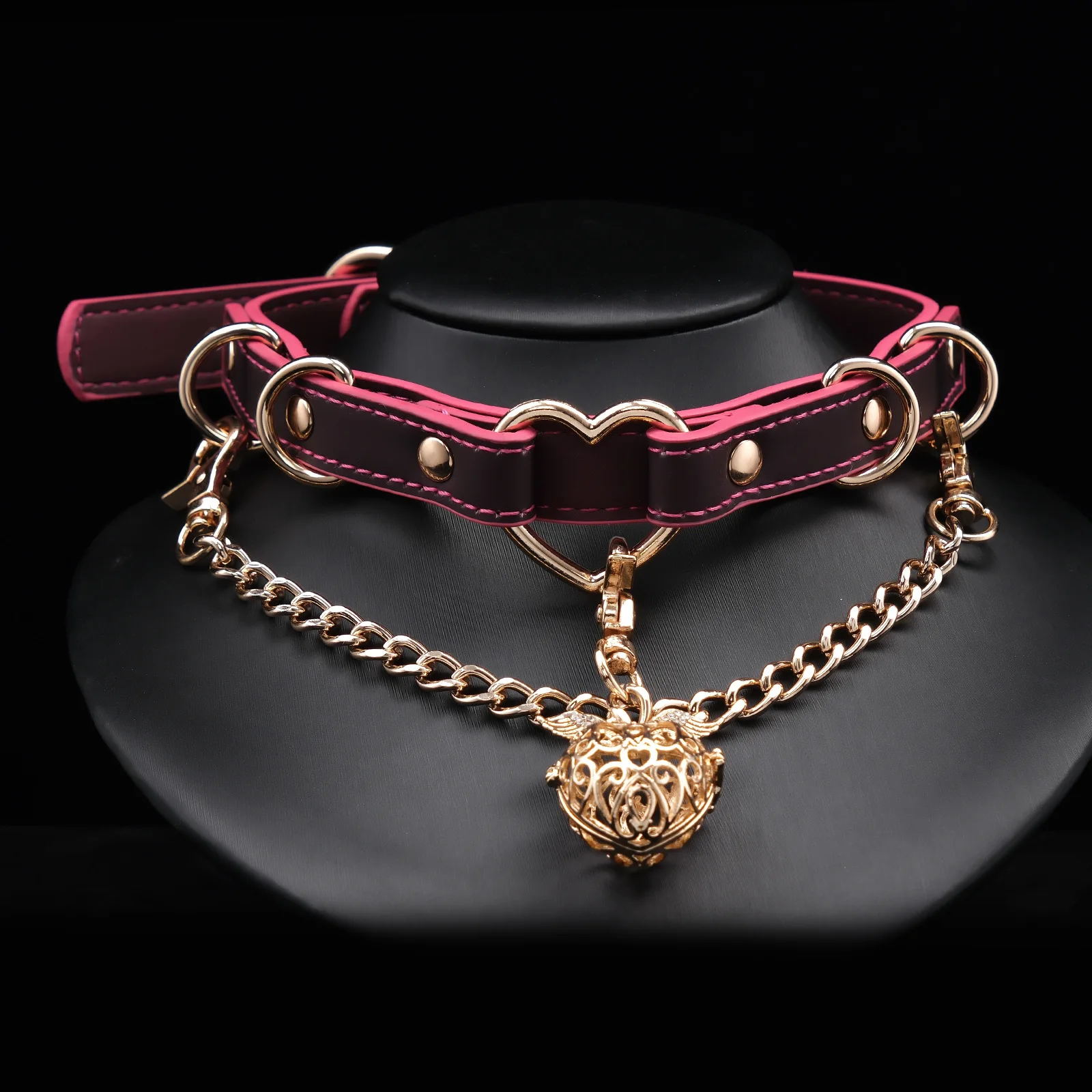 

Fashion Temperature Sensitive Heart Choker, Color Changing Leather Collar with Gold Chain & Winged Heart Ball Charm Adult Games