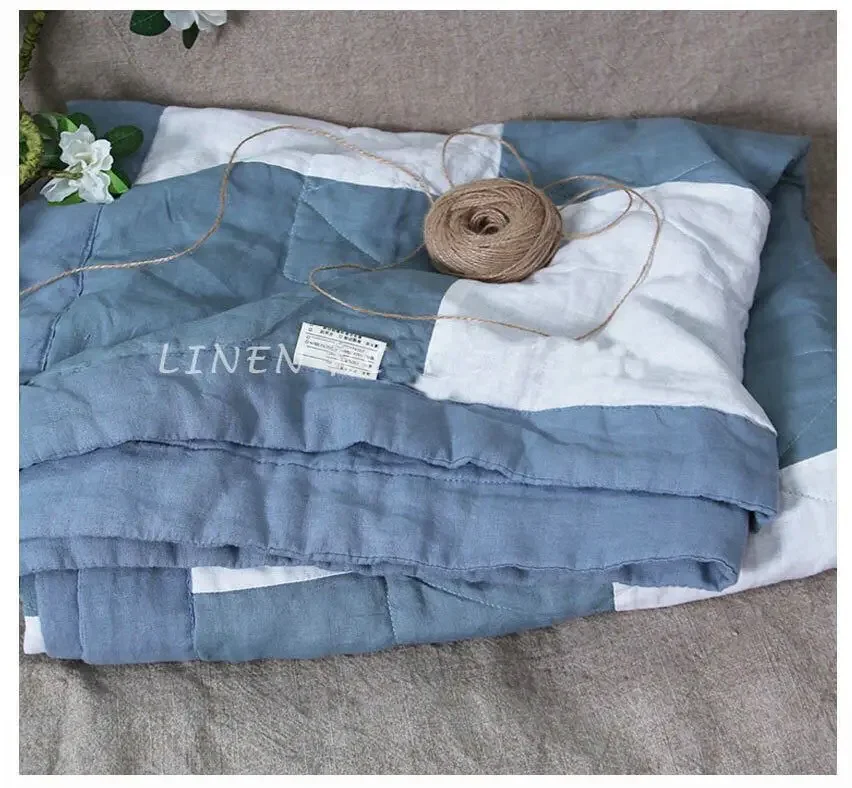 100% Linen Luxury Square Two tone Embroidery Cotton Quilting Bedspread Quilt For Hotel Home