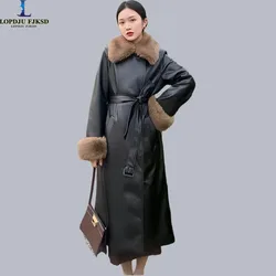 Covered Button Leather Coats for Women，Fur Collar PU Jackets,Adjustable Waist Overcoat,Female Clothes,Thicken Warm,New ,Winter