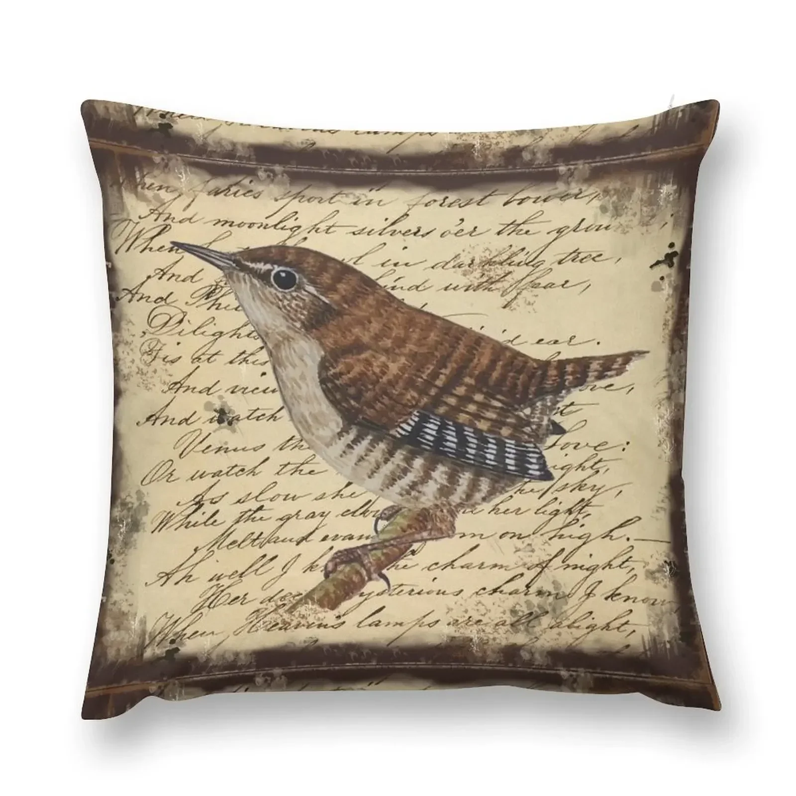 Sweet Little Wren on Vintage Writing Background. Throw Pillow pillow cover christmas christmas supplies pillow