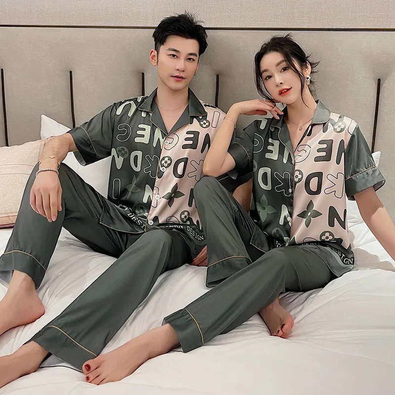 2024 Spring Summer New Couple Pajamas Ice Silk Thin Short-sleeved Trousers Suit High-End Printed Home Clothes