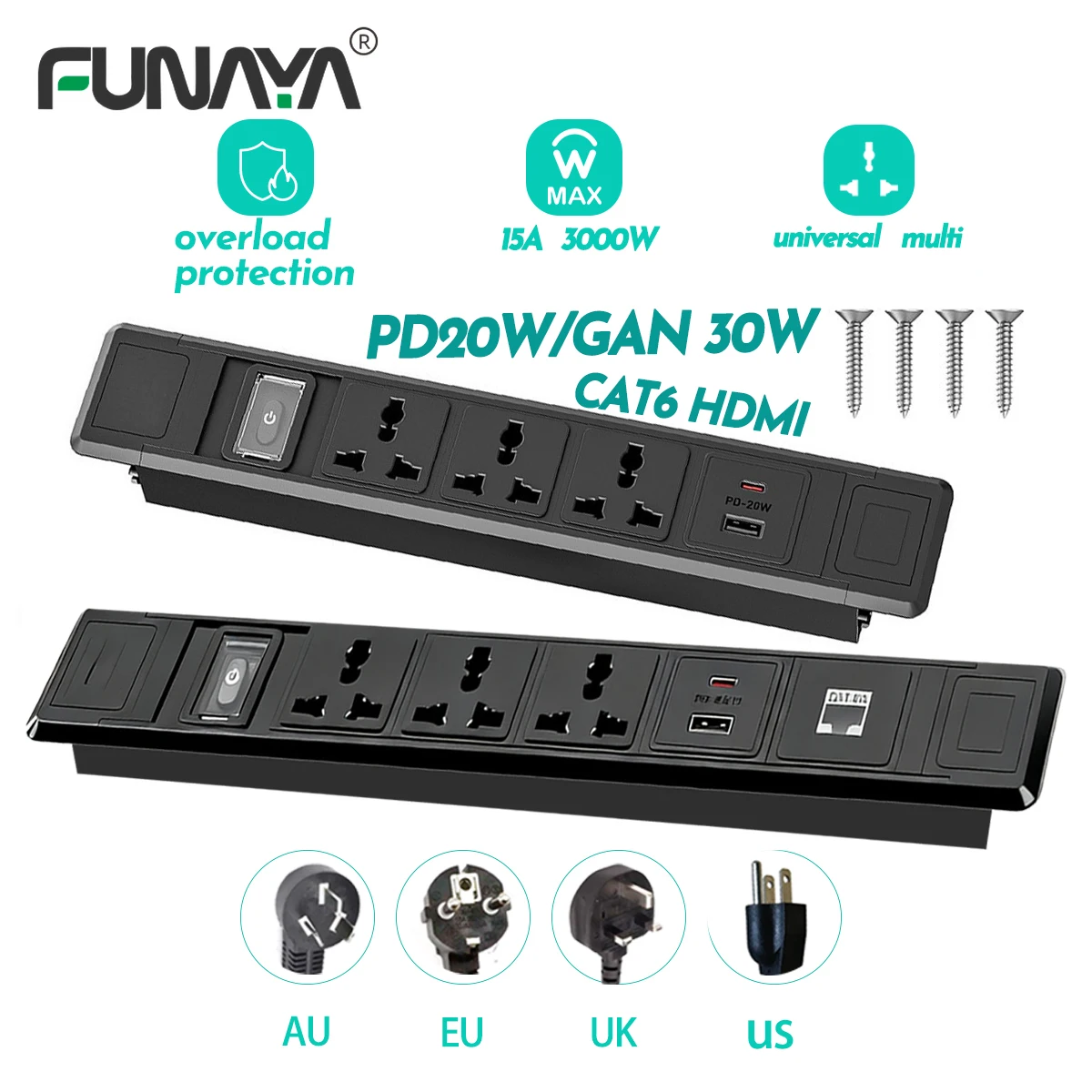 FUNAYA Built-in Table Socket Multi USB Universal EU US AU UK Plug Hidden Countertop Socket Power Strip for Office Desk Furniture