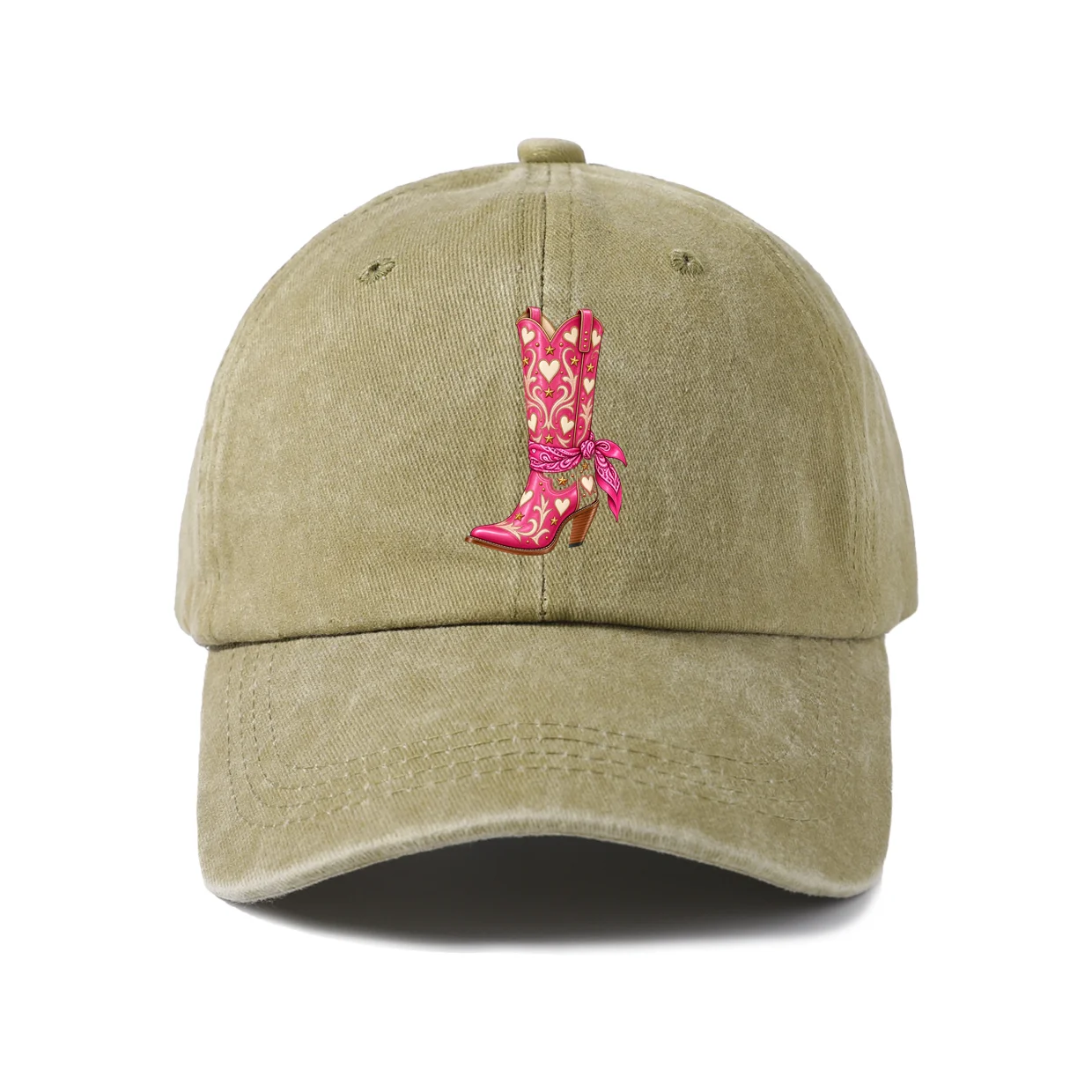 Pink Cowboy Boot Hearts Graphic Vintage Washed Baseball Cap, Adjustable Unisex Dad Hat, Casual Gift