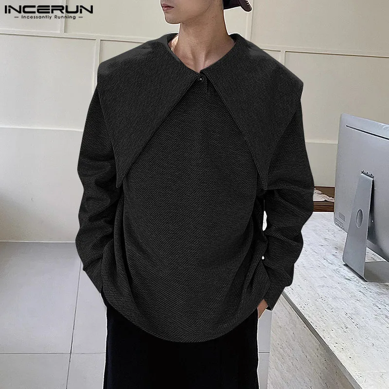 

INCERUN New Men Korean Fashion Tops 2024 Casual Long Sleeve Solid Color Shirts Navy Collar Streetwear Male Loose Elegant Outfits