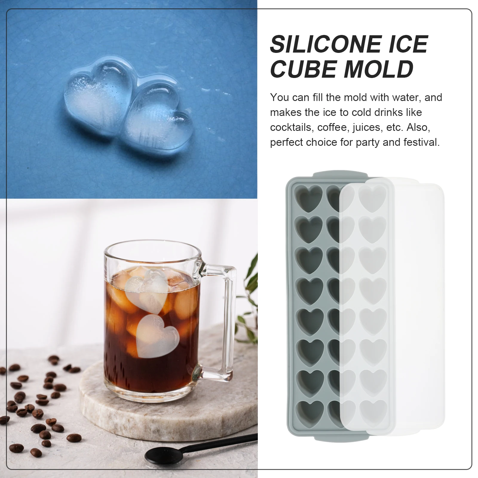 

Silicone Heart Shaped Ice Cube Tray 24 Holes Blue Remove Cubes Reusable BPA Free Mold Kitchen Household