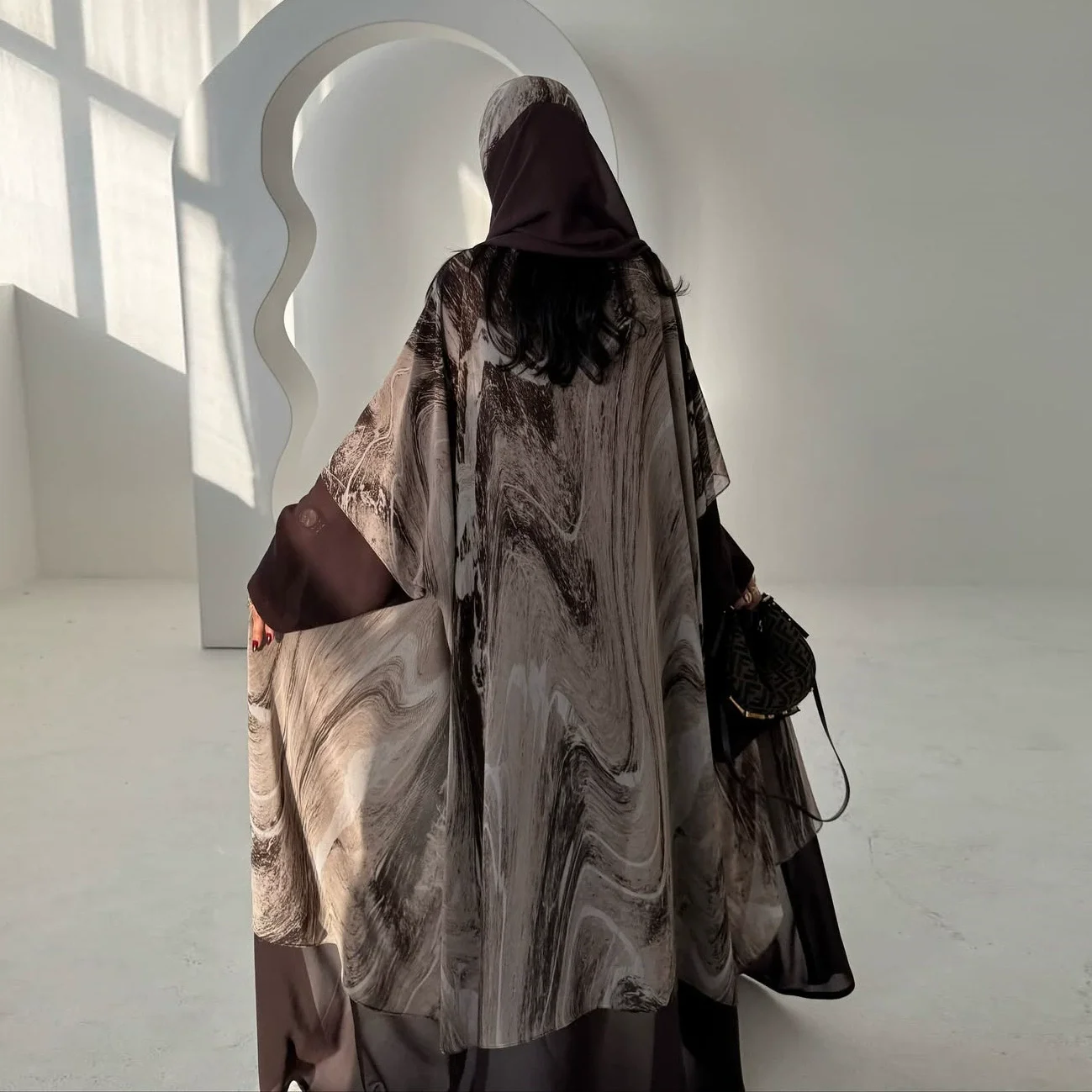 Jaqueta cardigã abaya estampada marrom com capuz islâmico, robe casual elegante com capuz, robe dubai feminino muçulmano