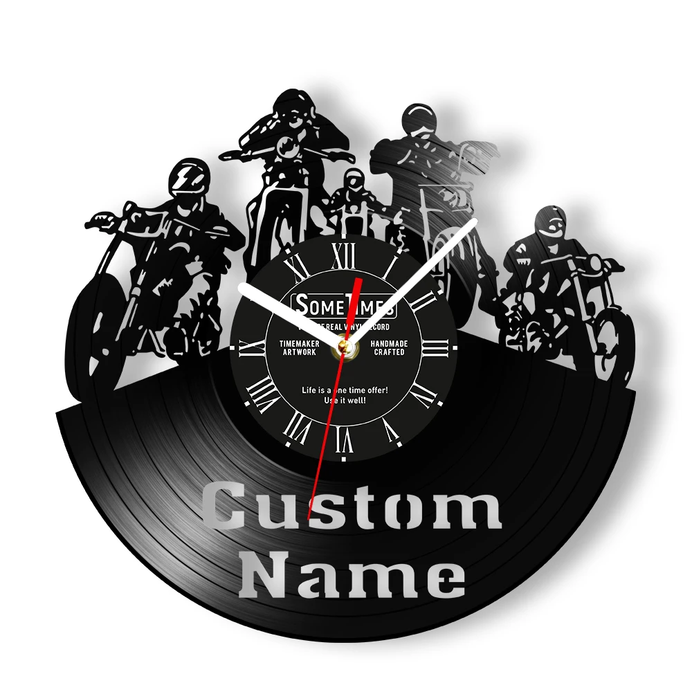 Motorcycle Rider Custom Name Wall Clock Made of Real Vinyl Record Moto Sport Personalized Biker Name Clock For Man Cave Garage