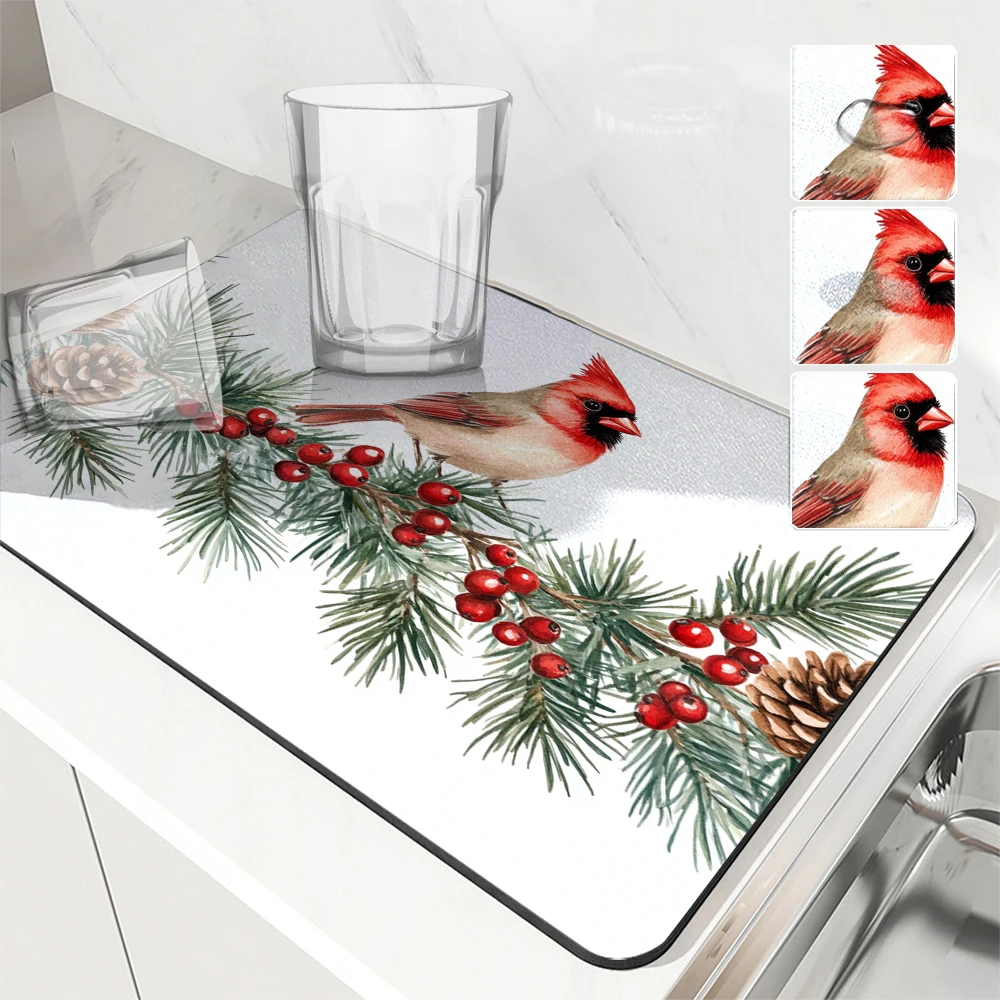 1pc Drying Mat Christmas Fir Redbird Berry Pine Non-Slip Absorbent Mat Tableware Kitchen Counter Drain Mats Placemats for Table