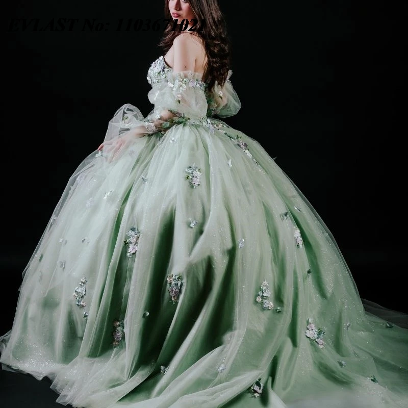 EVLAST Mexican Sage Green Quinceanera Dress Ball Gown Lace Applique Beading Puffy Sleeve Sweet 16 Vestidos De XV 15 Anos SQ118