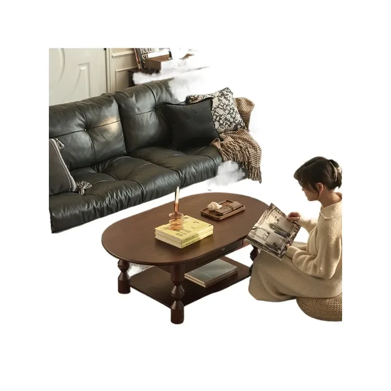 

French retro solid wood coffee table living room household ash wood oval storage