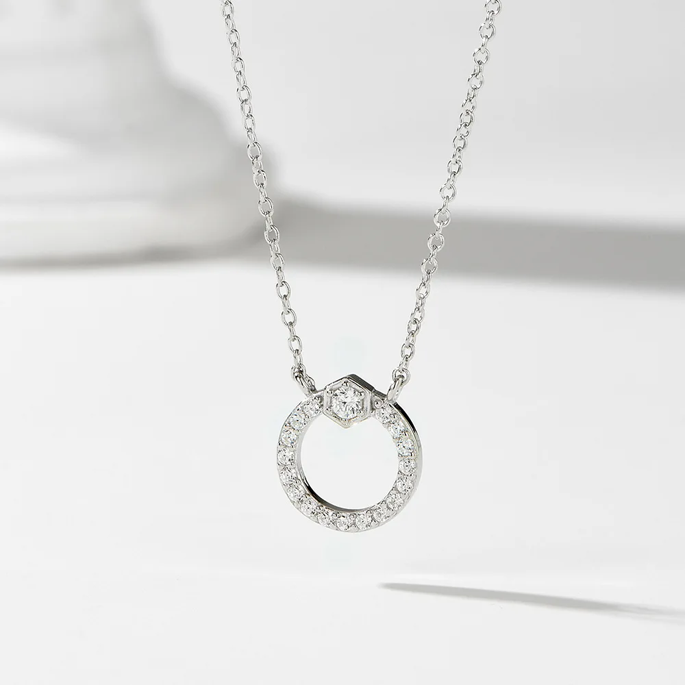 Withered Geometric Design Circle Full Diamond Pure Silver Necklace Women's Versatile Collarbone Chain
