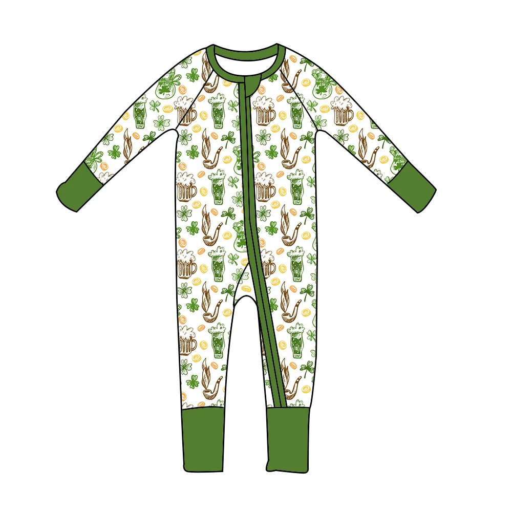St. Parker's Day Girls Jumpsuit Boutique Kids Suit Long Sleeve Lace Clover Flower Print Baby Zipper Jumpsuit Girls Boys Clothing