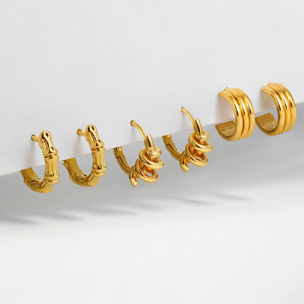 

3 Pair Gold Plated Stackable Small Huggie Hoop Earring Set Statement Knot Bamboo Ear Buckle Mini Hoops Female Jewelry Gifts