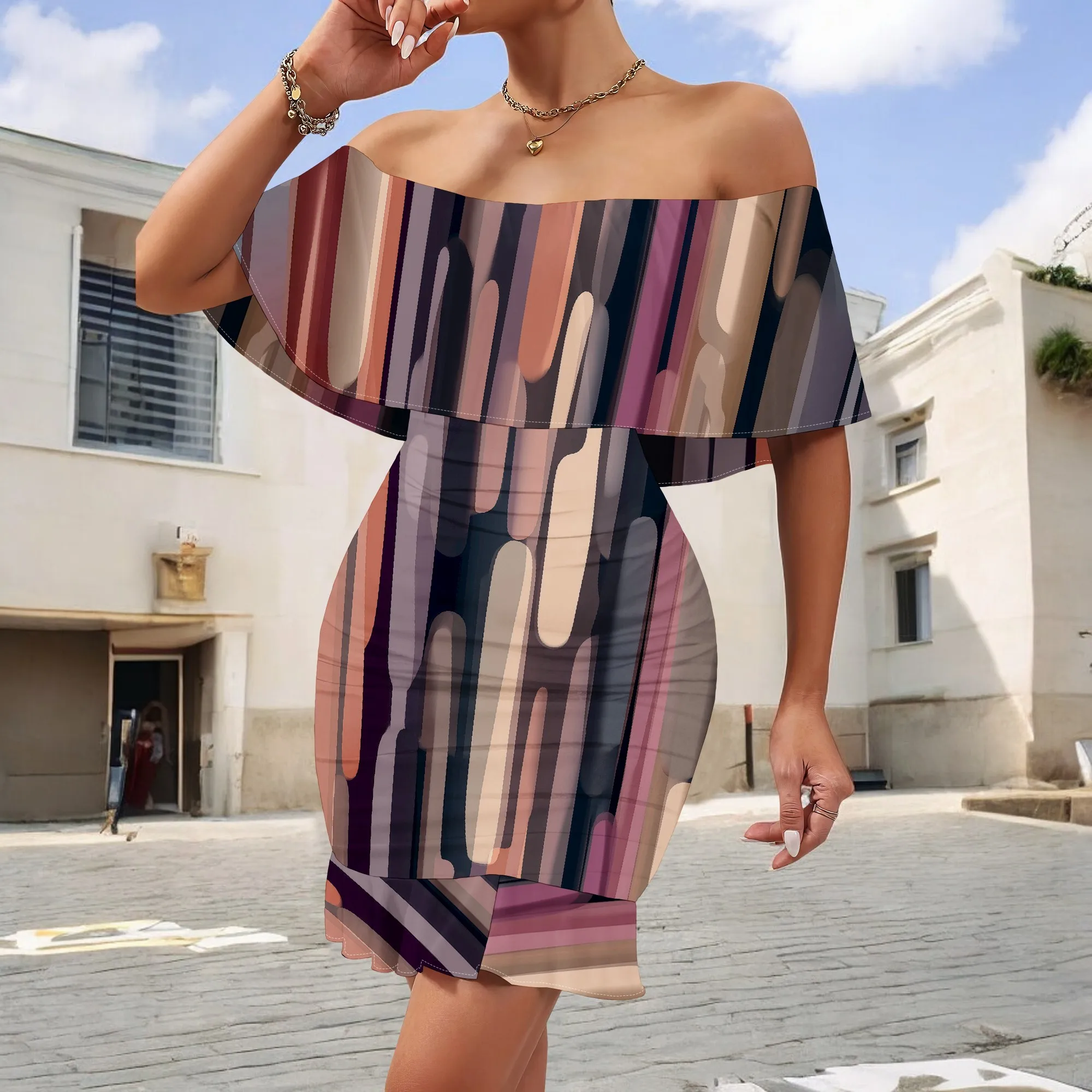 

Women's Off Shoulder Mini Dress Plus Size 2025 Summer Abstract Stripe Print Ruffle Bodycon Clubwear Outfit S-3XL