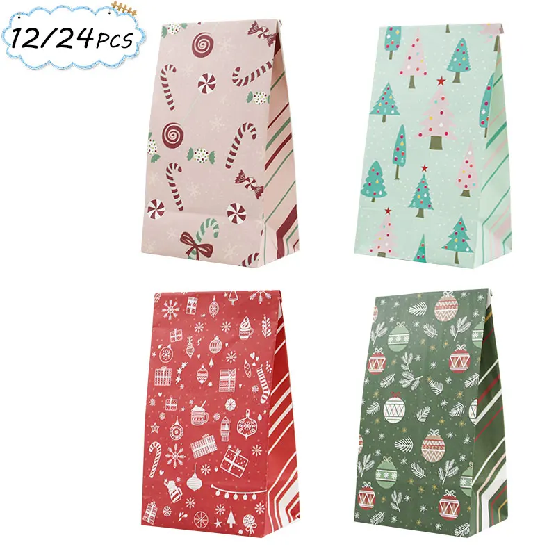 12/24 Stück Weihnachtliche Geschenktüten in 4 Stilen, Festliche Bedruckte Kraftpapier-Geschenktüten, Weihnachtsparty-Geschenkverpackung