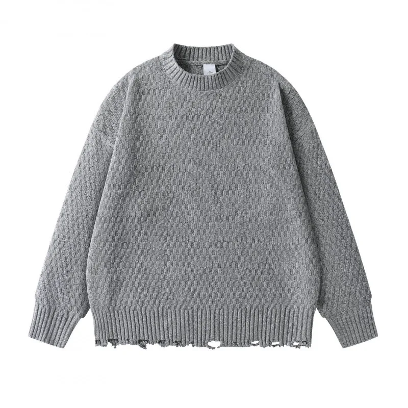 

Winter Japanese Retro Distressed Frayed Jacquard Round Neck Sweater Unisex Loose Fit Thickened Warm Knitted Pullover Trendy
