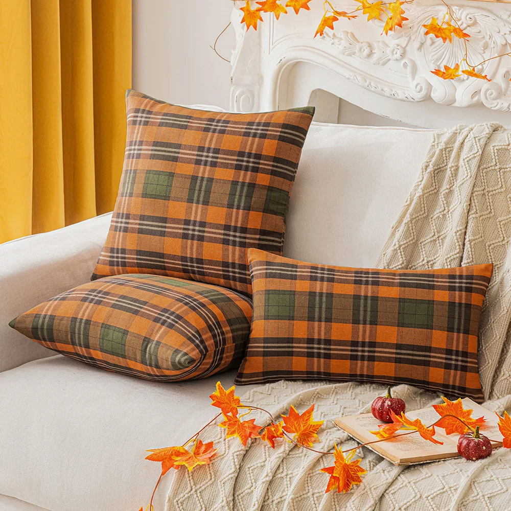 

Autumn Plaid Print Brushed Pillow Cover Orange Thanksgiving Harvest Decorative Pillow Case for Sofa Couch Home Decor Seasonal