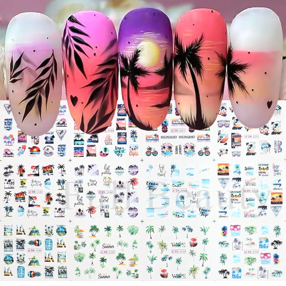 Palm Coconut Tree Summer Theme Nail Water Stickers Leaf Sea Sunset Tropical Style Water Transfer Decals Holiday Manicure Tattoos