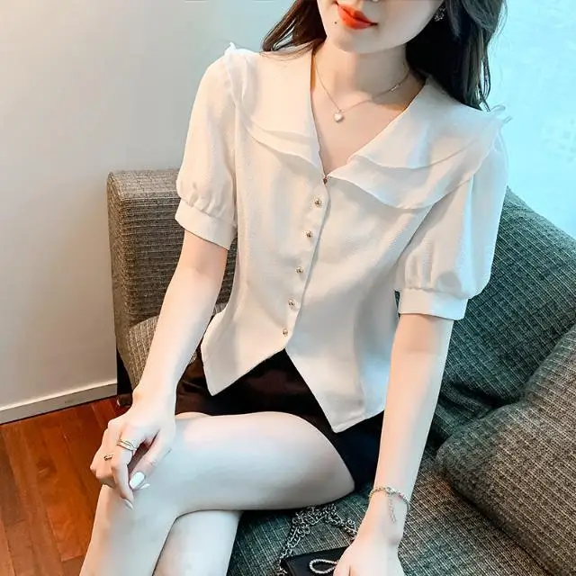 

2024 Summer Women Bubble Sleeved Shirt Doll Collar Short Sleeve Small Fragrance Top Versatile Double layered collar Z856