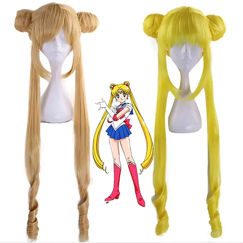 Synthetic Hair Wig  Sailor Moon Blonde Two Braids Long Wavy Cosplay Wig  for Girls Costume Party