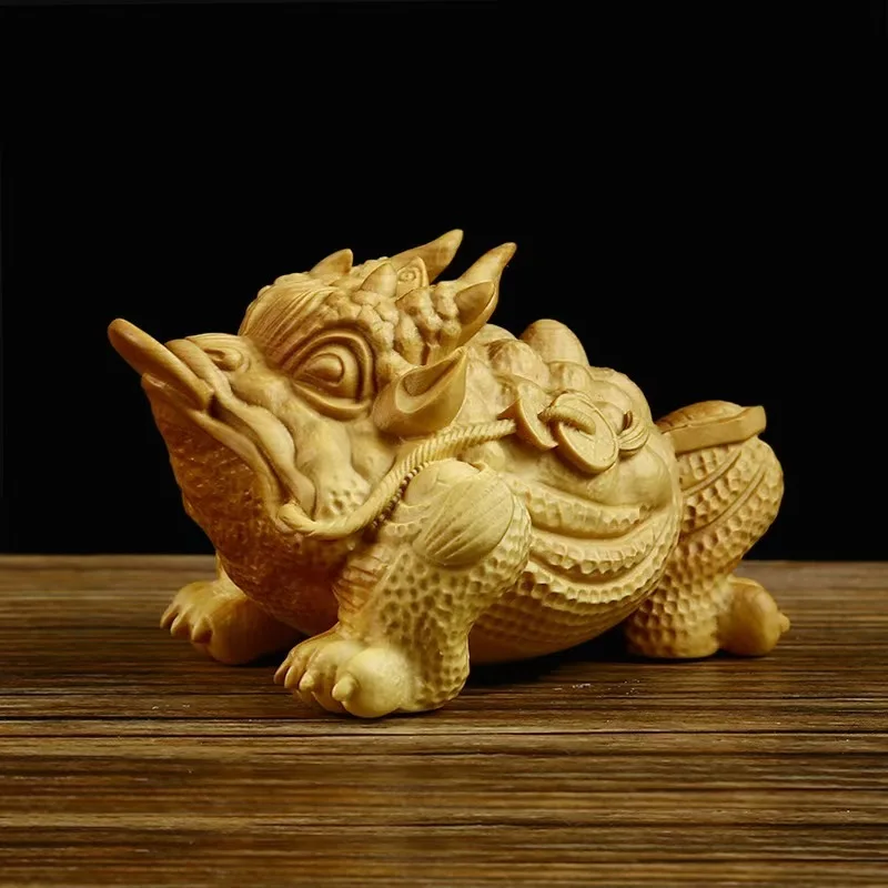Wooden Dragon Golden Toad Carving – Three-Legged Money Toad Handheld Figurine – Feng Shui Wealth Ornament