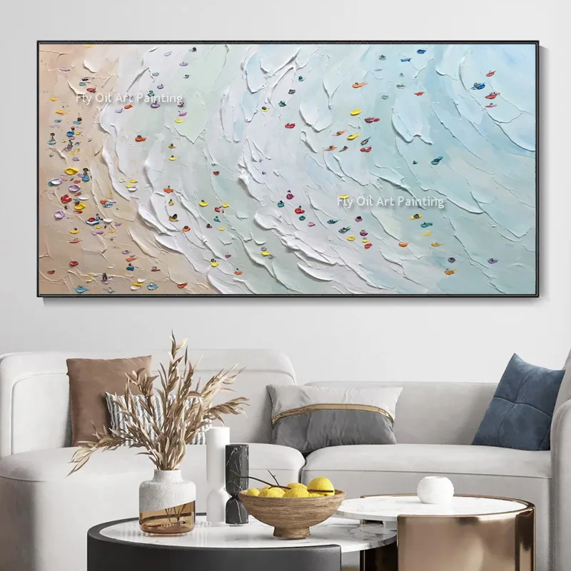 Modern Large Seascape Artwork People Play In The Sea Oil Painting Handmade White People Skiing Canvas Wall Art For Room Decor