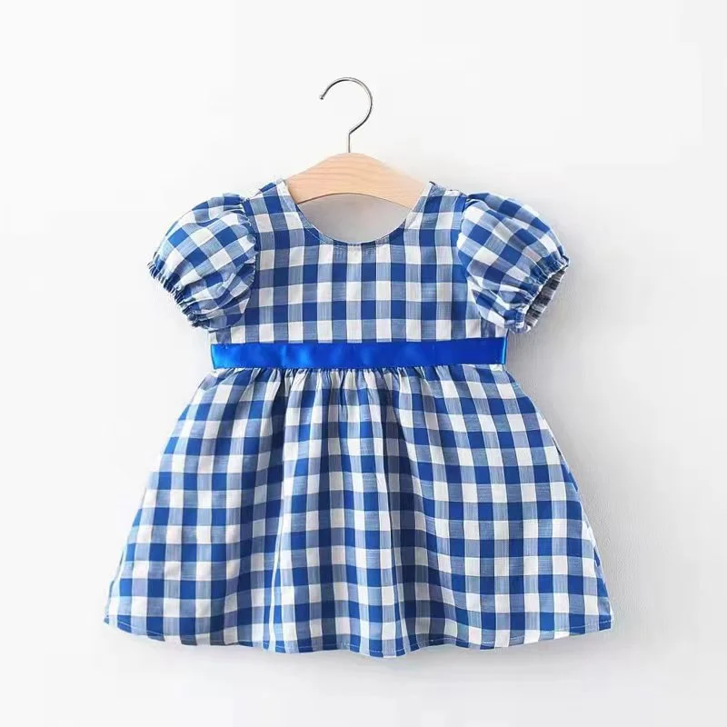 Girls Cotton Dress Summer Plaid Loose Beach Casual Costume Children Bowknot Princess Dresses Kids Fashion Blue White Plaid Dress