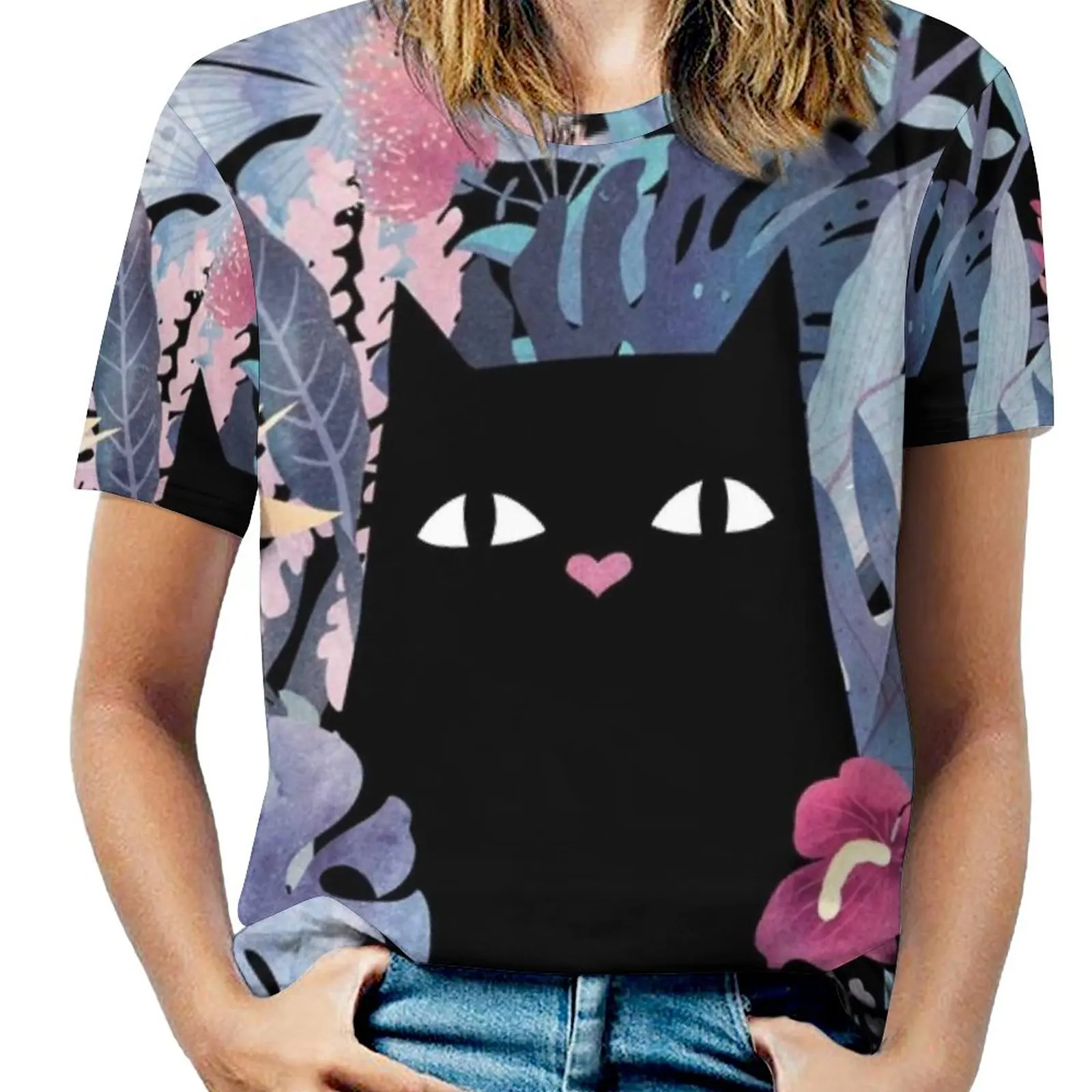 Popoki (Pastell Schwarzer Samt) Damen Reißverschluss Sexy Bedruckte Vintage T-Shirts Tops Volldruck T-Shirt Katze Schwarze Katze Kitty Hawaii