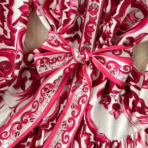 Blue and white red track Porcelain Print Vacation Maxi Women's Dress Single Breasts Loos 8 Main Sales Long Blue Dress - №6