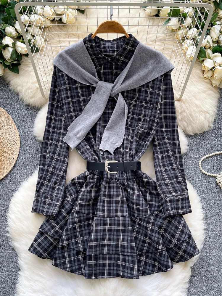 Vestido xadrez vintage coreano feminino, outono, manga longa, babado, bainha, cinto, midi, com xale de malha, estilo retrô chique