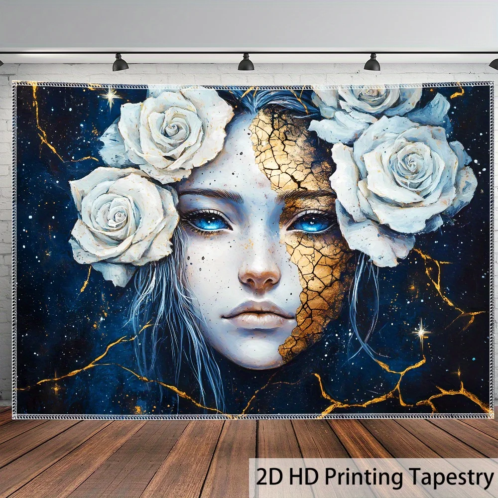 Fantasy Woman Face Half Cracked Gold Galaxy Blue Roses Wall Tapestry Art Decor Boho Bedroom Living Room Wall Hanging