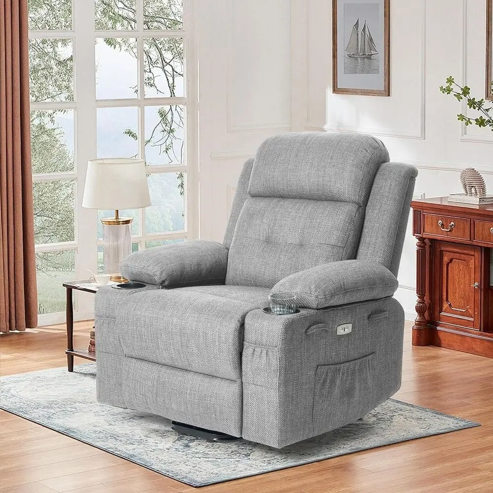 

Мощное кресло для пожилых людей с массажем, подогревом, льняной хлопчатобумажной ткани, USB-портами, подстаканниками и боковыми карманами для гостиной.